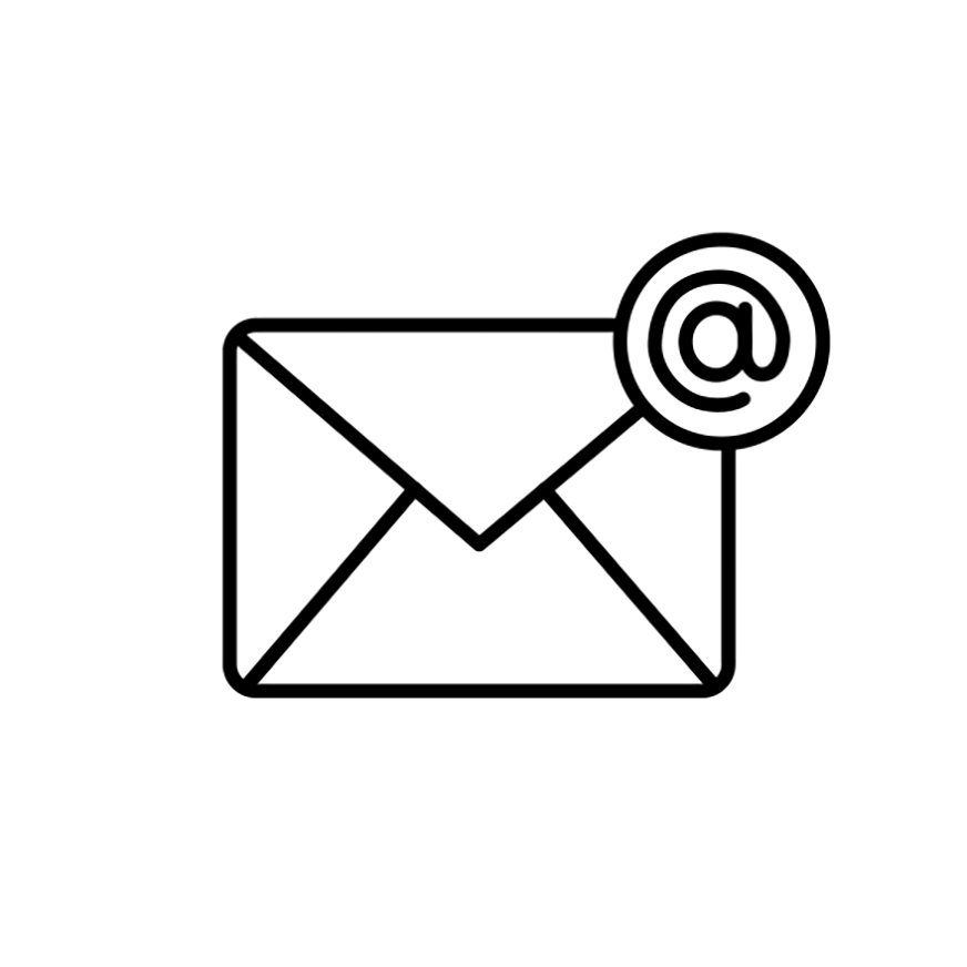 Icon of an envelope with an email symbol (@) on it, in black outline style.
