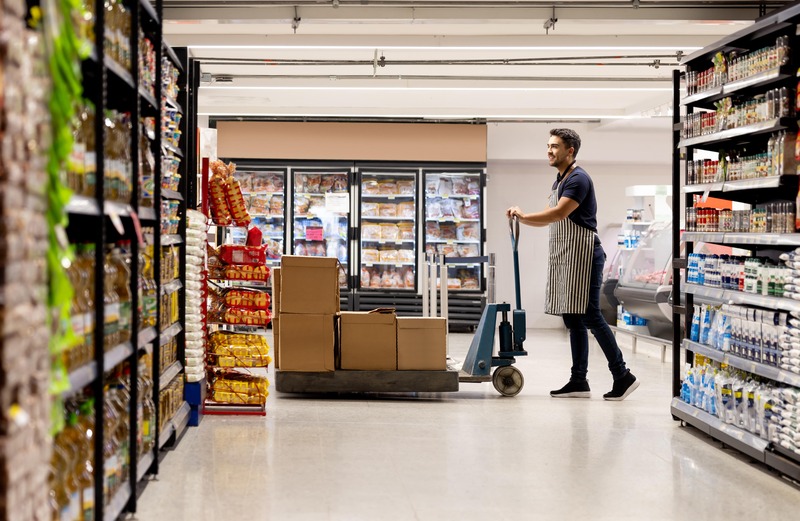 Image: A man restocking shelves in a supermarket. Links to BJ's home page.